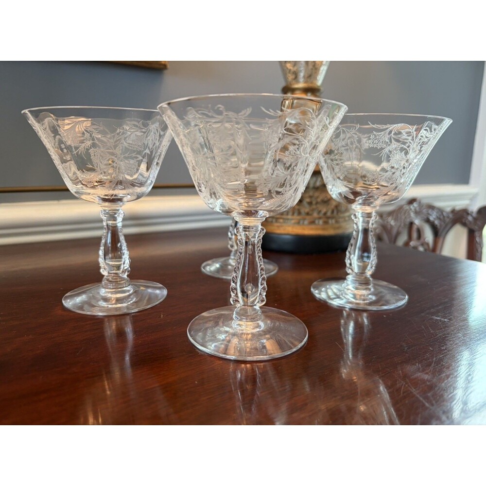 Set of 4 Fostoria Heather Etched Low Champagne Coupes Sherbet Glasses Vintage
